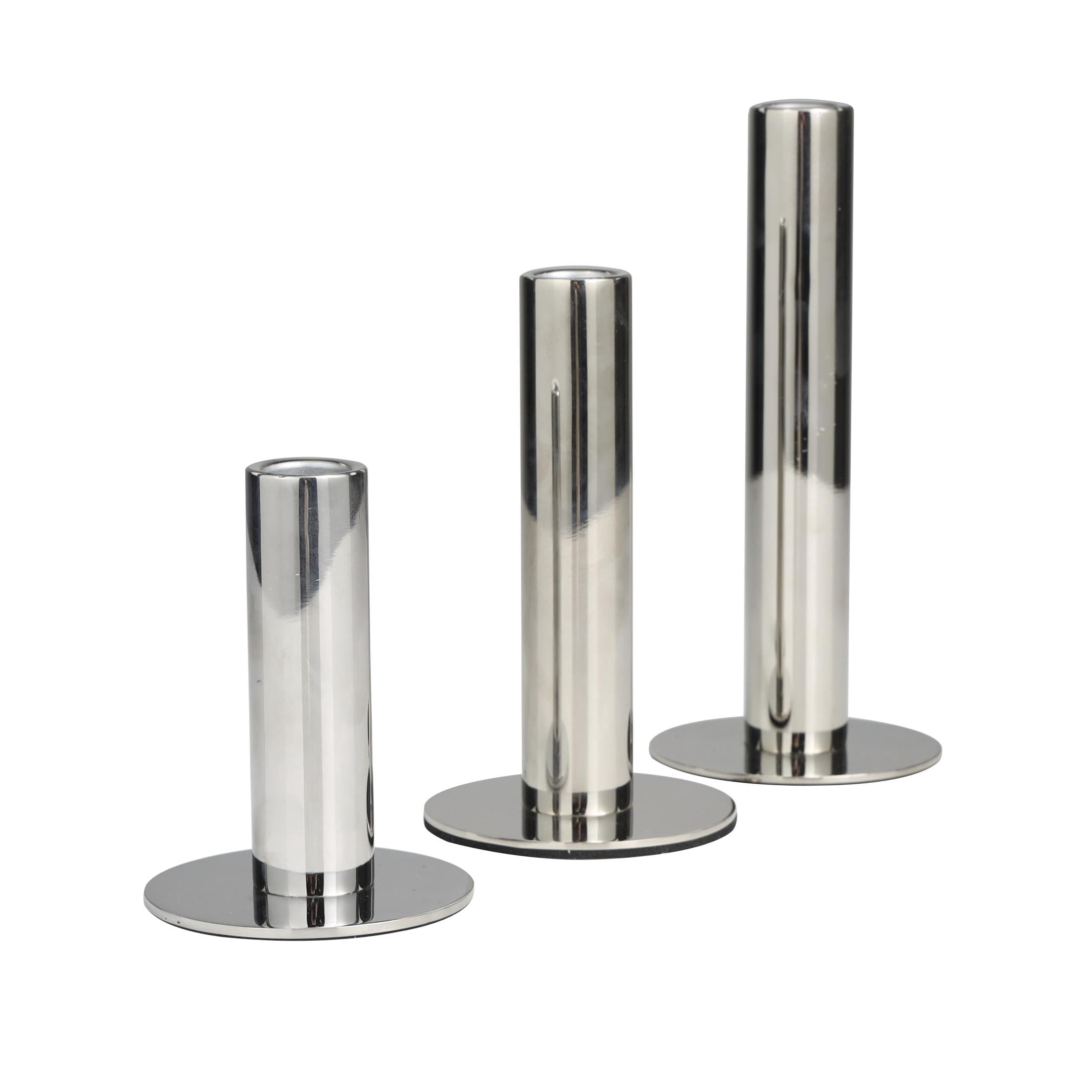 DecMode 3 Candle Silver Stainless Steel Metal Slim Candle Holder with Rounded Base, Set of 3