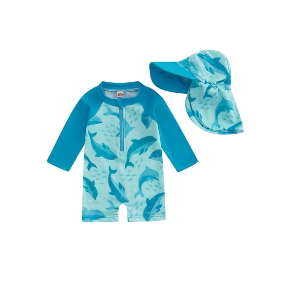 0-5 Years Toddler Baby Long Sleeve Swimsuit Dolphin Print Half Zipper Non-Pilling Rash Guard Swimwear and Sun Hat for Boys Girls