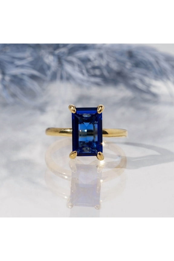 Stunning Blue Sapphire 10k Yellow Gold Ring - Sapphire Gemstone Emerald Cut Ring - Anniversary Birthday Engagement Gift - Girlfriend Gift