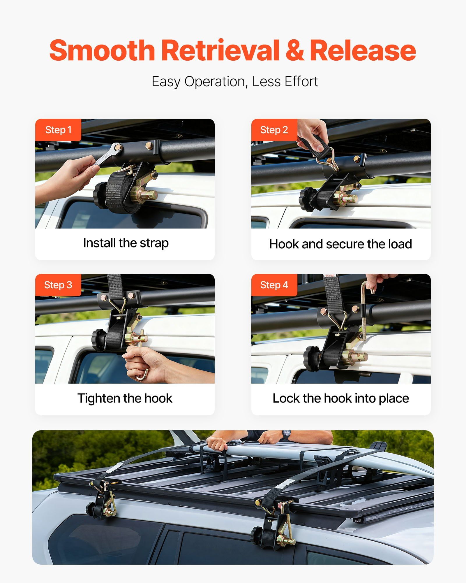 Heavy Duty Ladder Rack Straps 4 Pack 500lb Capacity Black 1.5 Inch Wide 7.4 Ft Long Double J Hooks for 1.87-2 Inch Round Tube Mounting