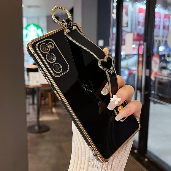 Designed for Samsung Galaxy S20 FE 5G Case with Wristband,Plating Edge Love Hearts Pattern Hand Strap Finger Holder Kickstand Case,Soft Shockproof Cover for Girls Women,Black