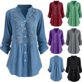 thumbnail image 2 of Koszal Office Lady Solid Color V Neck Lace Stitching Buttons Down Plus Size Shirt Top, 2 of 7