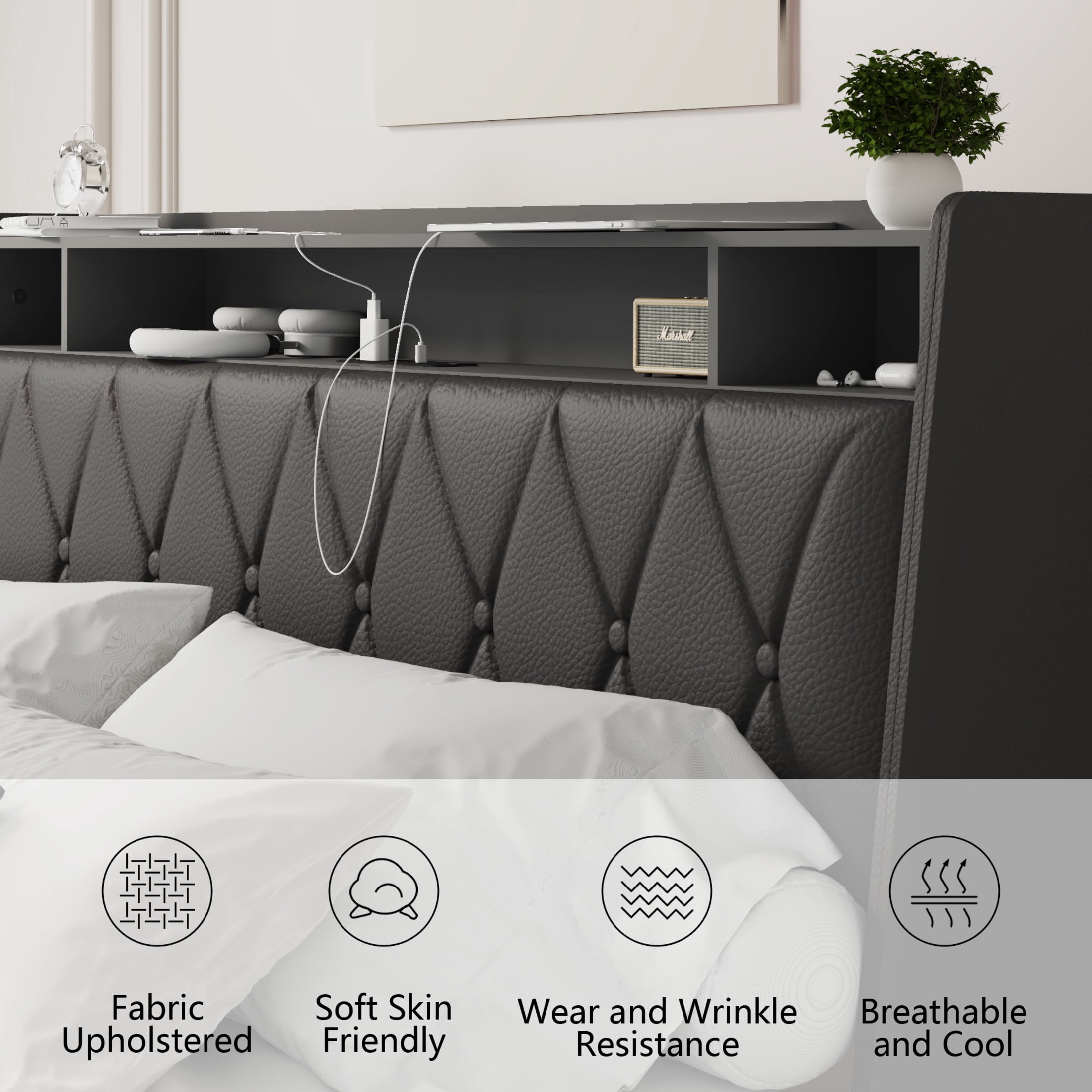 Noble House Lexair Queen Size Bed Frame with Ergonomic Headboard, Built-in Outlets & Charger, Storage Shelf, Black