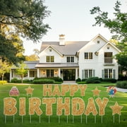 Happy Birthday Signs for Outside Yard, 18 Pieces W/ Gold Letters by PixiPy