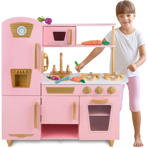 Kids House Cocina de Madera Elite Pink, Cocina de Juguete para Niñas Color Rosa con Dorado, Detalles de Lujo y Amplios Espacios para Almacenar y Cocinar