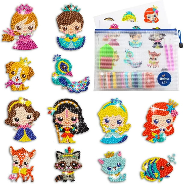 Pegatinas de pintura de diamantes 5D - Artes y manualidades para niñas y niños Kits de pintura de mosaico de arte de diamantes para niños con puntos - Pintura por números para principiantes - 12 pegat