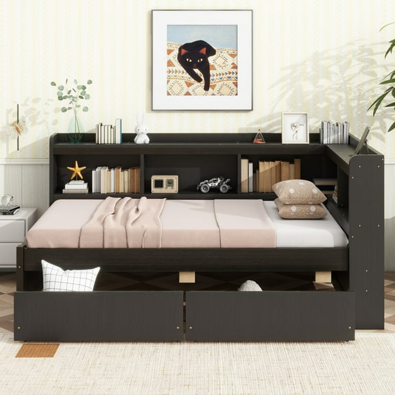 Wood Daybed Sofa Bed with Bookcase Storage and Two Drawers,USB Charging Ports Daybed for Living Room, Bedroom & Guest Room (Espresso)
