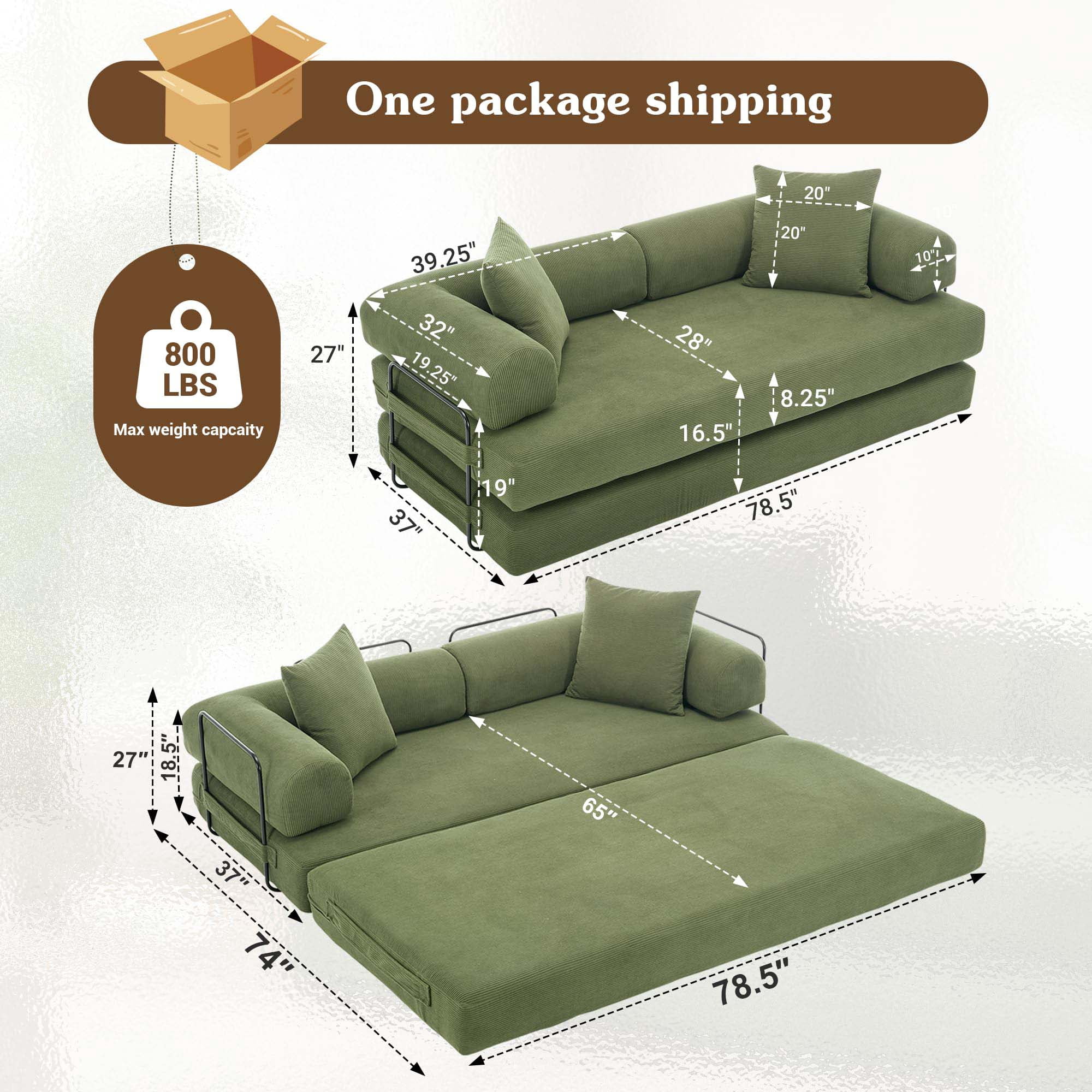 CAPCAEK 78.5" Convertible Sofa Bed, Corduroy Foldable Sleeper Loveseat with Memory Foam and 2 Pillows, Green