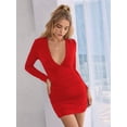thumbnail image 6 of Women'S Long Sleeve V Neck Ruched Bodycon Mini Party Cocktail Dress Red L, 6 of 8