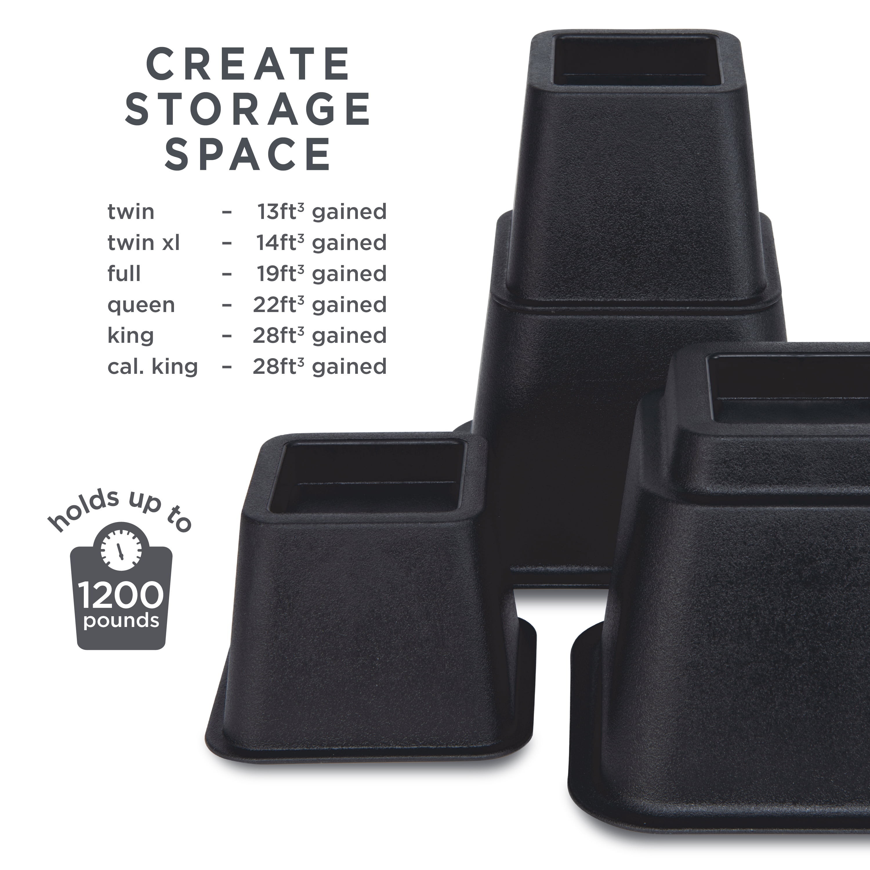 Simplify 8 Piece Plastic Adjustable 3", 5", or 8" Bed Risers Set, 4.5" x 4.5", Black