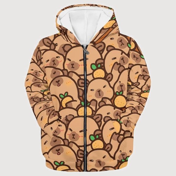 Gyujnb Youth Warm Zip up Hoodie with Mixed Capybara All Over Print for Fall Winter Daily Versatile Outerwear (Toddler to Big Boys),6-7 Years