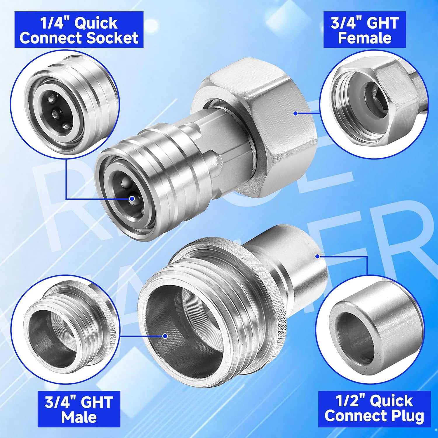 HRTGFD-Garden Hose to Pressure Washer Adapter, 3/4” GHT to 1/4” Stainless Steel Quick Connect, 3/4” GHT Male to 1/2” Quick Plug, Convert Water Hoses to Power Washer Connector