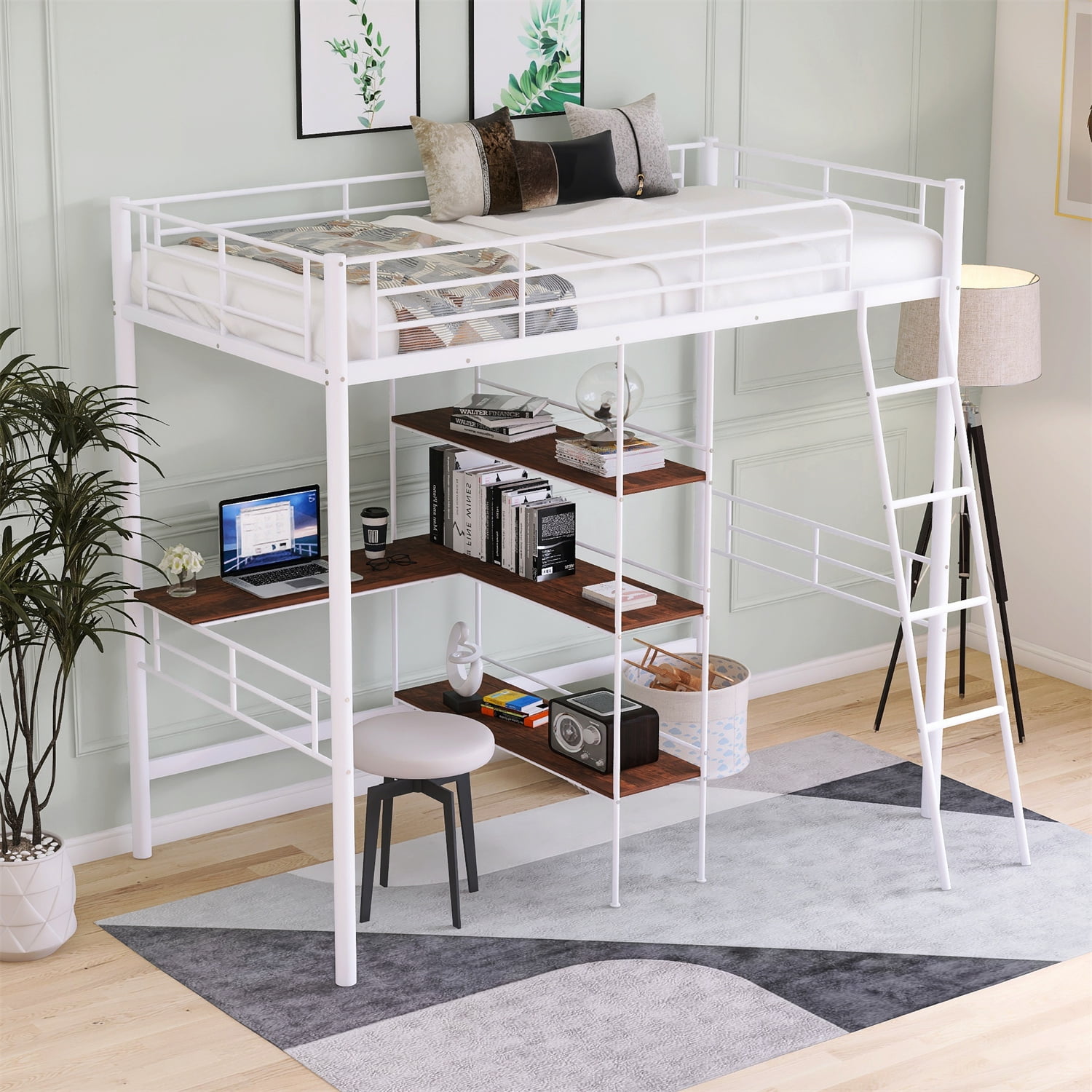 Twin Size Loft Bed with Builtin Desk and Shelves, Heavy Duty Metal Loft Bed Frame with Inclined