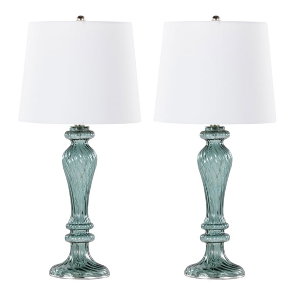 Newest 26" Contemporary 2-Piece Glass Table Lamp Set, Clear Turquoise Fluted Glass with Polished Nickel & Off-White Linen Shade