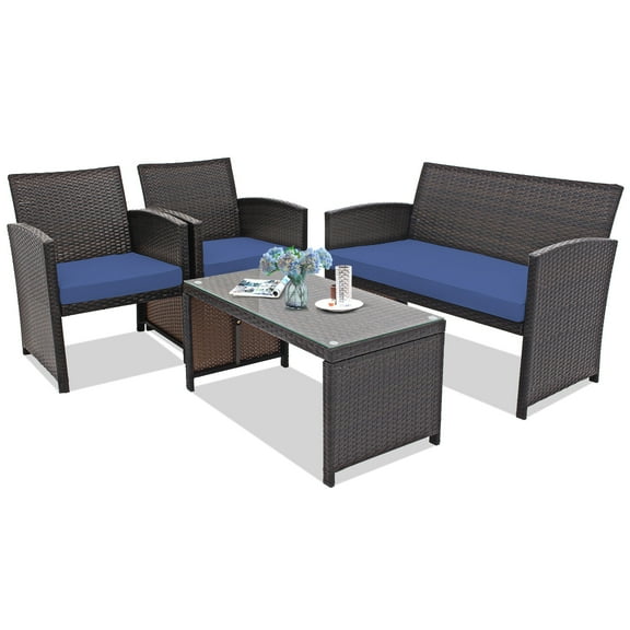 Gymax 4PCS Patio Conversation Set Outdoor Rattan Furniture Set w/ Navy Cushions