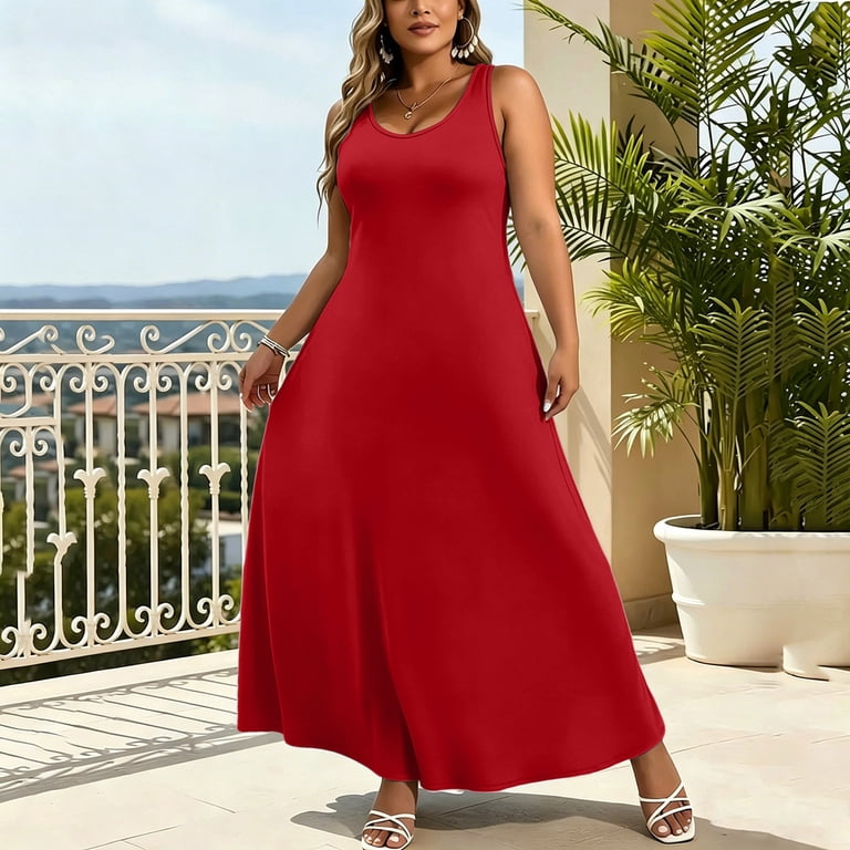 xxl bridesmaid dresses Women's Plus Size for formal Wedding Guest Summer Sleeveless Sundress Aline Beach Party Maxi Dress Pockets Red XXL(XXL) Color:Mist half sleeves inv-85 Women's Mermaid Prom Dress,