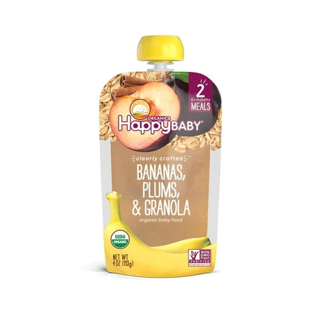 (4 pack) (4 pack) Happy Baby Clearly Crafted, Stage 2 Meals, Organic Baby Food, Bananas, Plums & Granola, 4 Oz