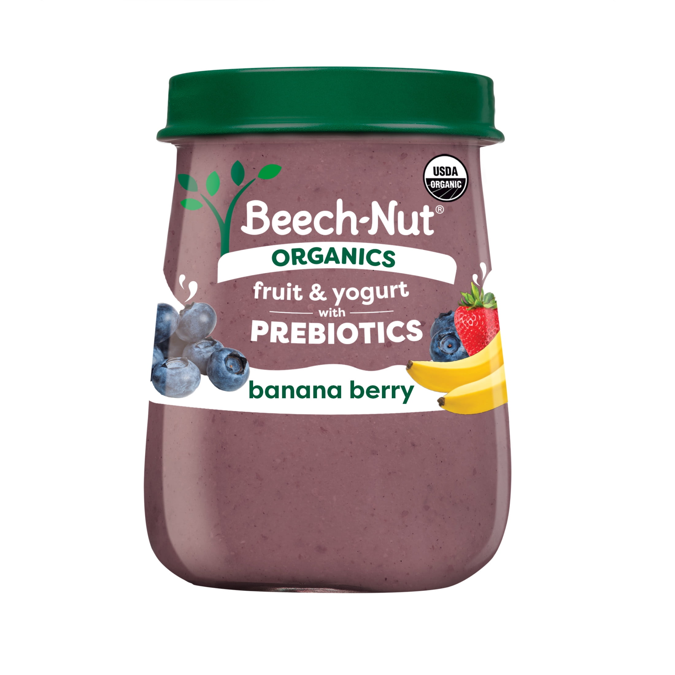 (6 pack) Beech-Nut Organics Fruit & Yogurt Baby Food + Prebiotics, Banana Berry, Stage 2, 4oz Jar