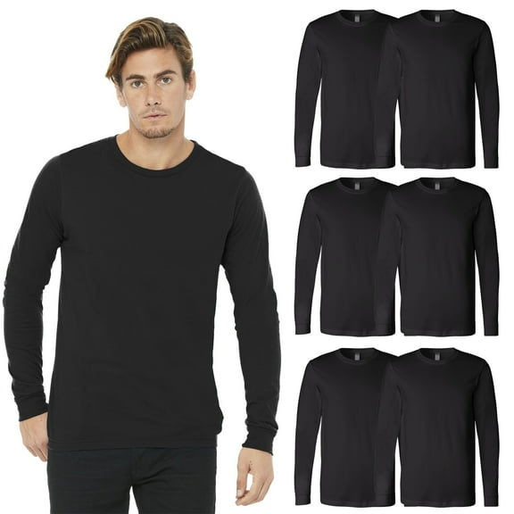 BELLA   CANVAS Jersey Long Sleeve Tee for Men, Crewneck Cotton Blank T-Shirt, Black, 6-Pack, S