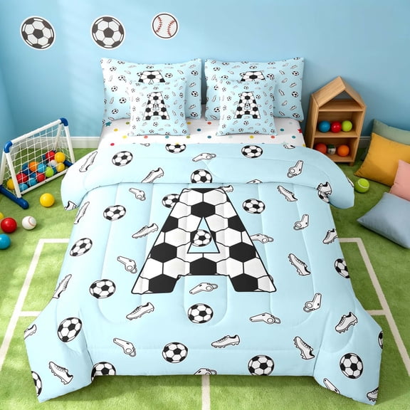 Manfei Boys Girls Soccer Twin Bedding, Cartoon Monogrammed A Bedding Comforter Set, Light Blue Black A, Polka Dots Reversible 7 Pieces
