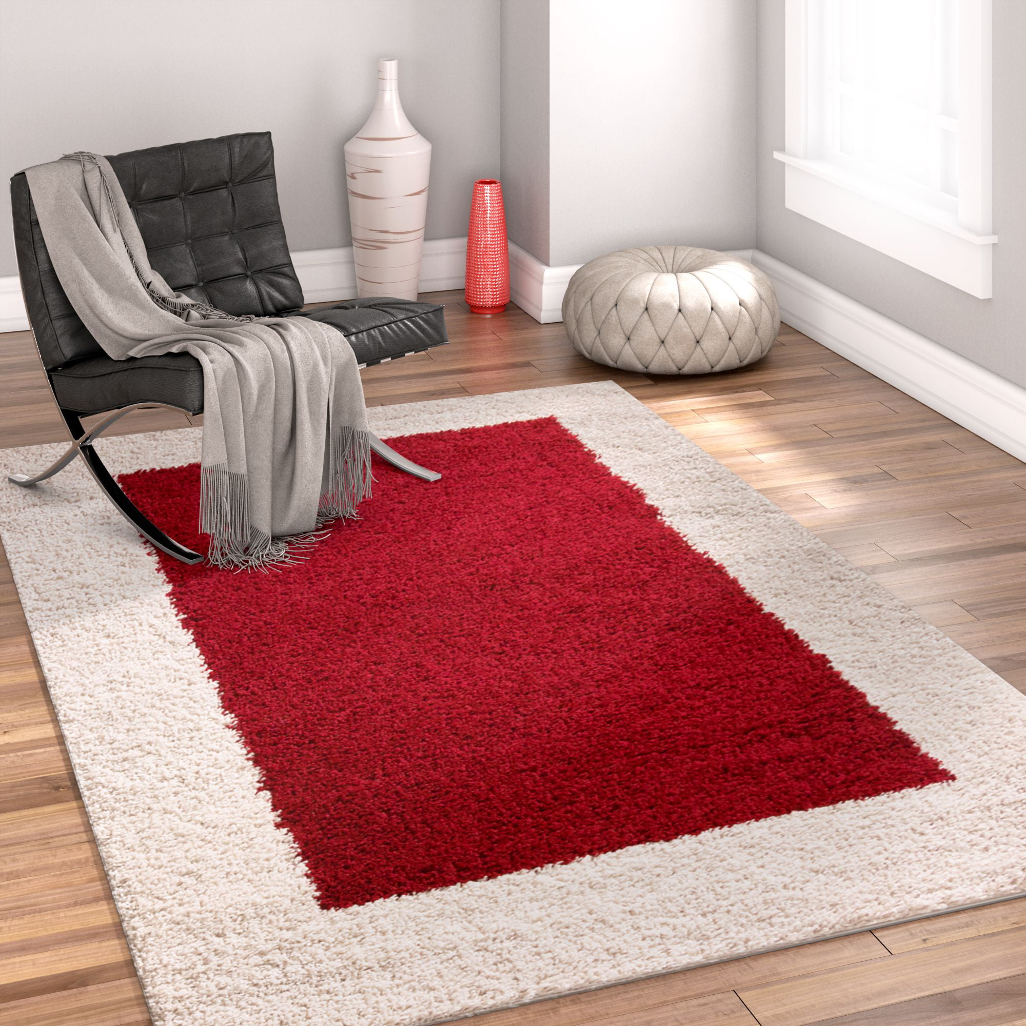 RED SCARLET RUBY LIVING ROOM RUGS SOFT NON SHED SHAGGY GEOMETRIC SMALL LARGE RUG 