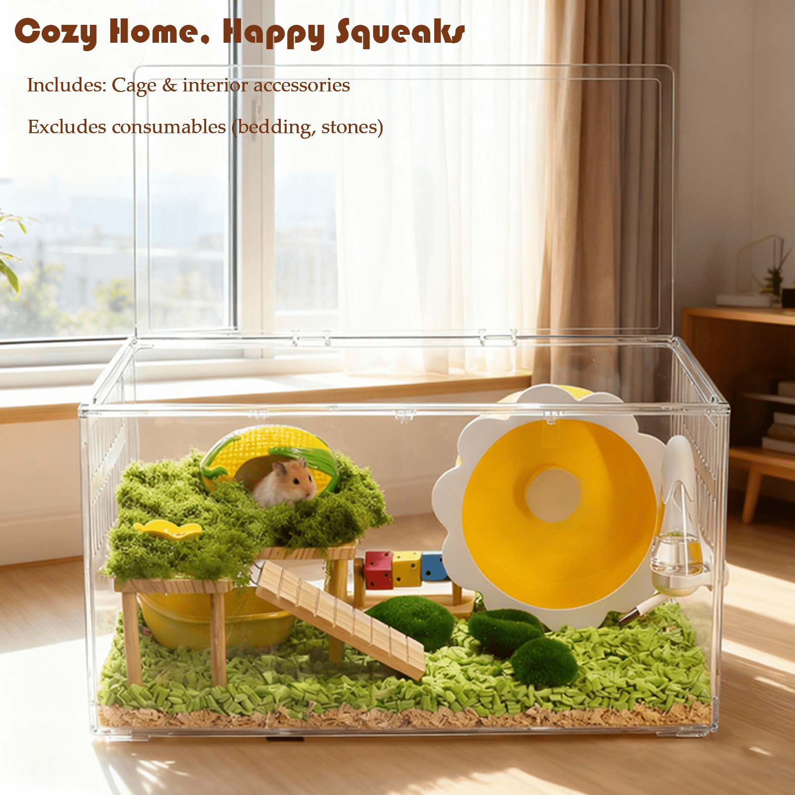 Transparent Hamster Cage with  2nd Floor, Bathhouse, Hideout, Wheel, Toy, Water Bottle & Bowl - Complete Habitat for Hamsters, Mice, Gerbils(23.6 x 13.8 x 12.2 Inches)