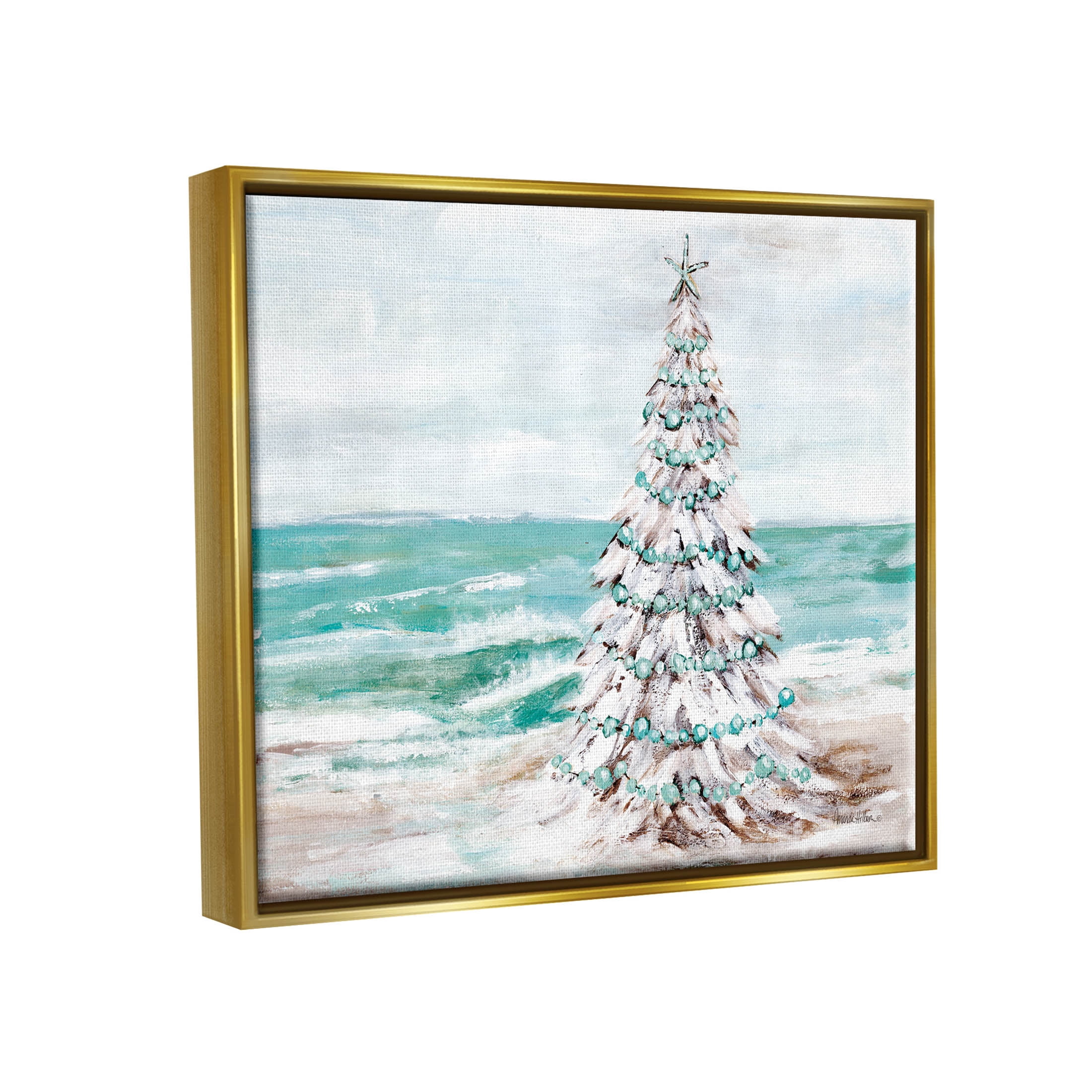 Snowy Christmas Tree Beach Shore Holiday Painting Metallic Gold Framed Art Print Wall Art