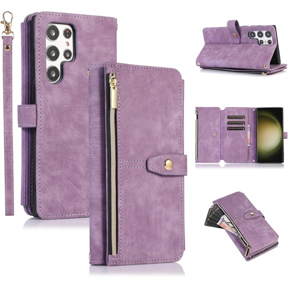 Wallet Case for Samsung Galaxy S24 Ultra 5G, 9 Card Slots Retro Leather Wallet Shockproof Flip Cover with Hand Strap Card Slots Zipper Pocket Kickstand Handbag Magnetic Closure - Retro Purple