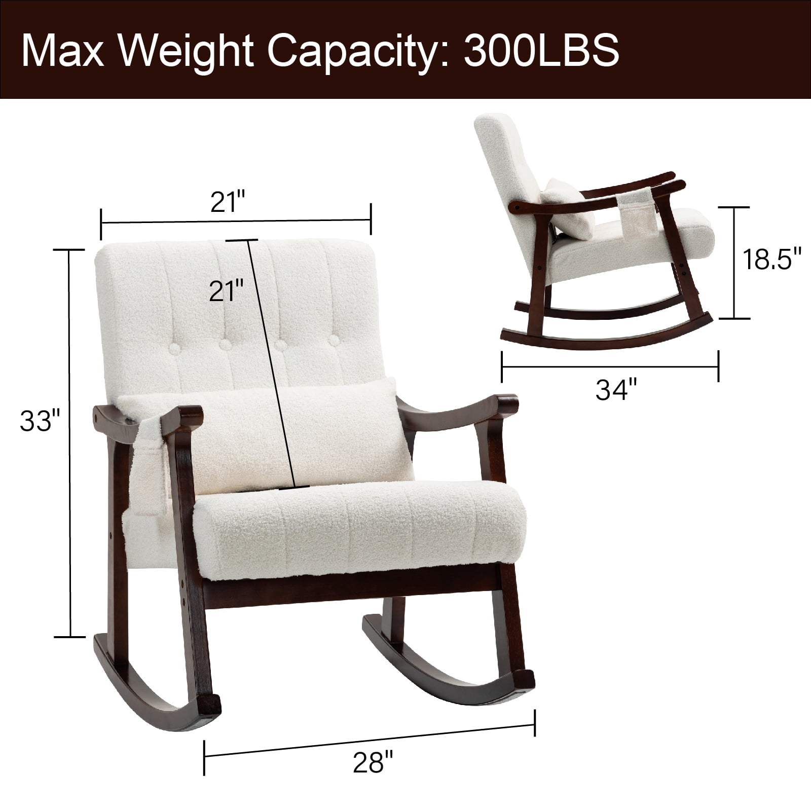 Rocking Chair with Massage Lumbar Support,Upholstered Glider Chair with Side Pocket, Nursery Rocker with High Backrest,Rubber Wood Legs, Rocking Accent Armchair for Living Room Bedroom Nursery