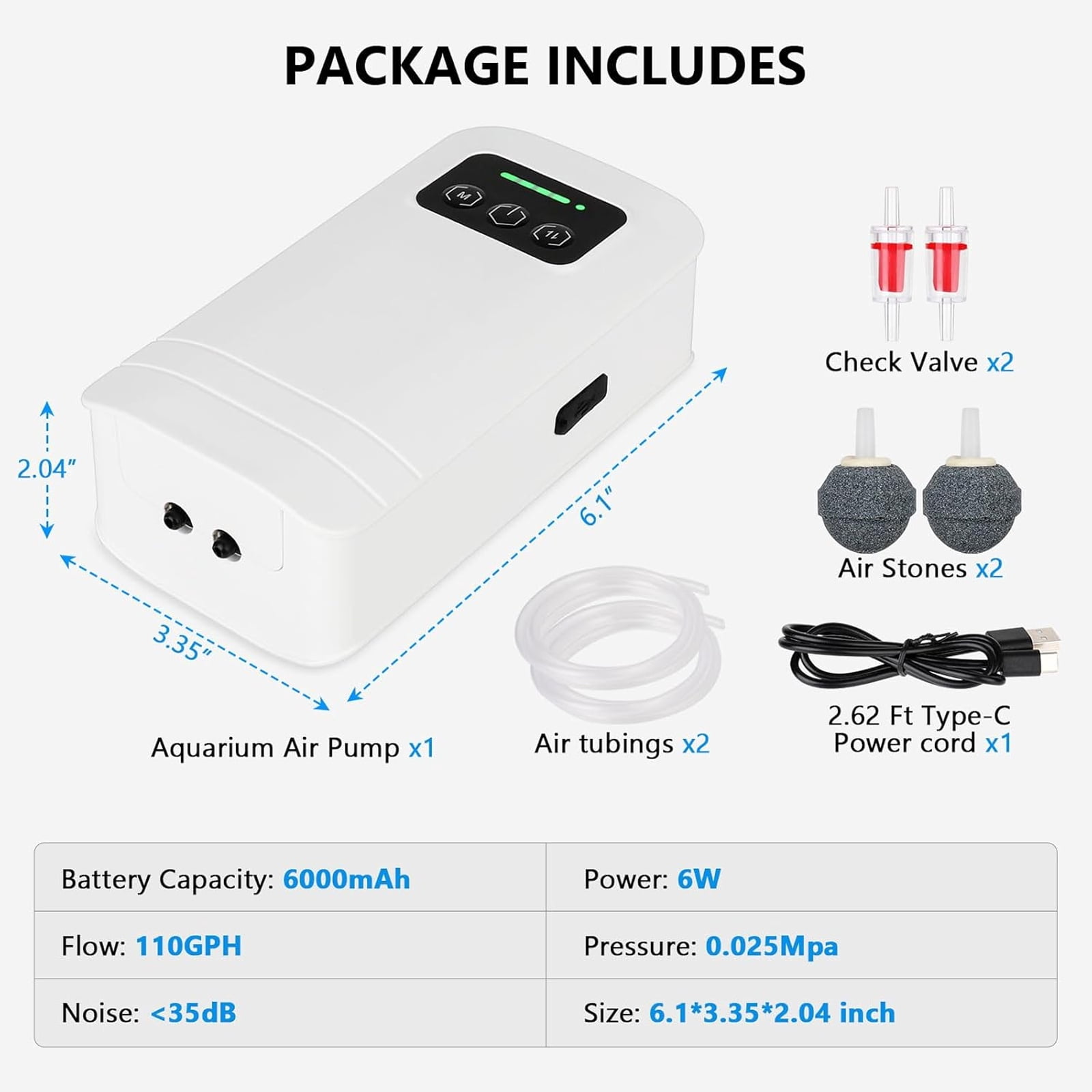 Tawatiler Battery Powered Aquarium Air Pump, USB Rechargeable Aerator Fish Tank Air Pump for 5-125 Gallons Portable Oxygen Pump for Outdoor Fishing, Power Outages and Emergency (4W 80GPH)