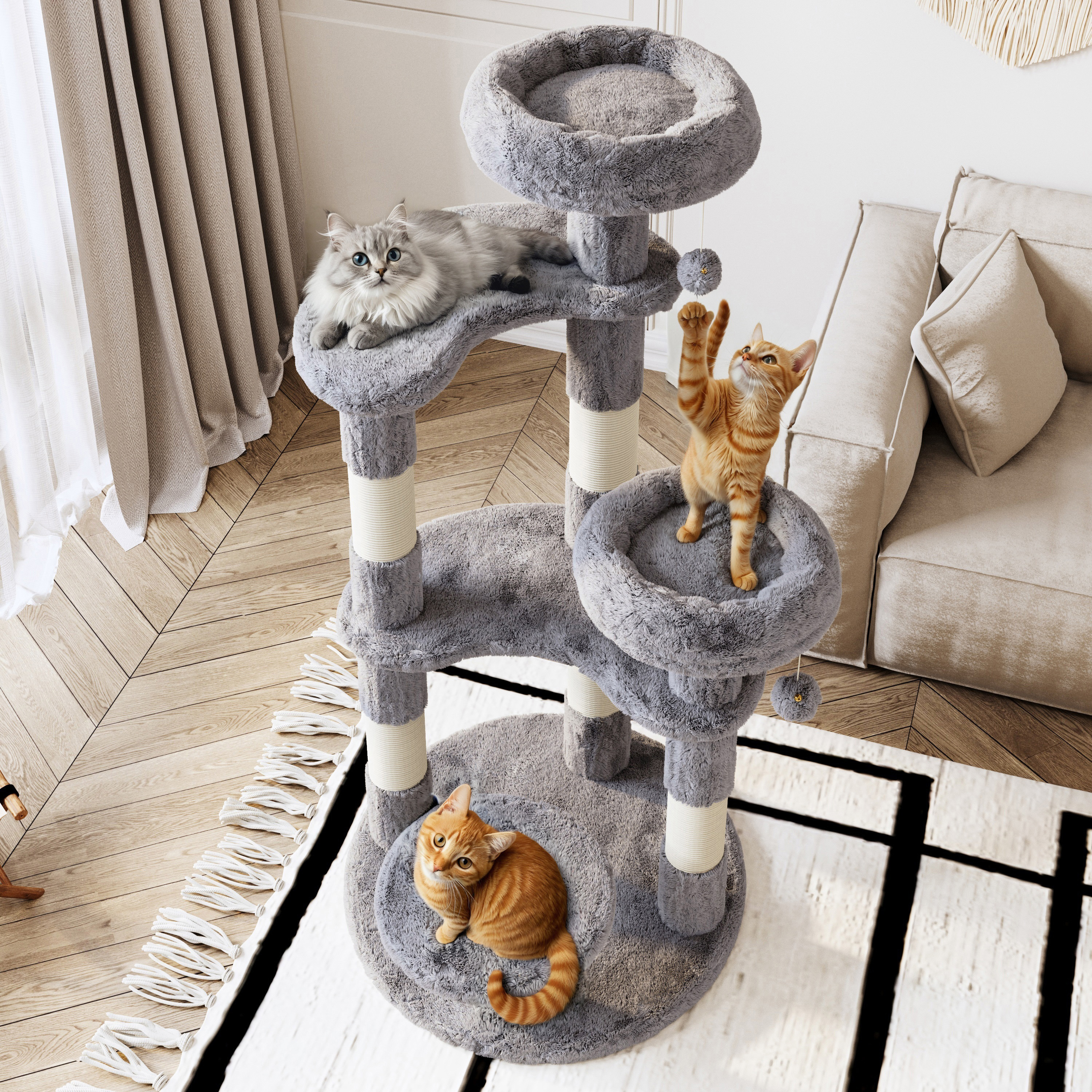 Amolife 55.5" Large Cat Tree and Tower with 5 Scratching Posts, Cat Perches for Indoor Cats and Kittens, Gray
