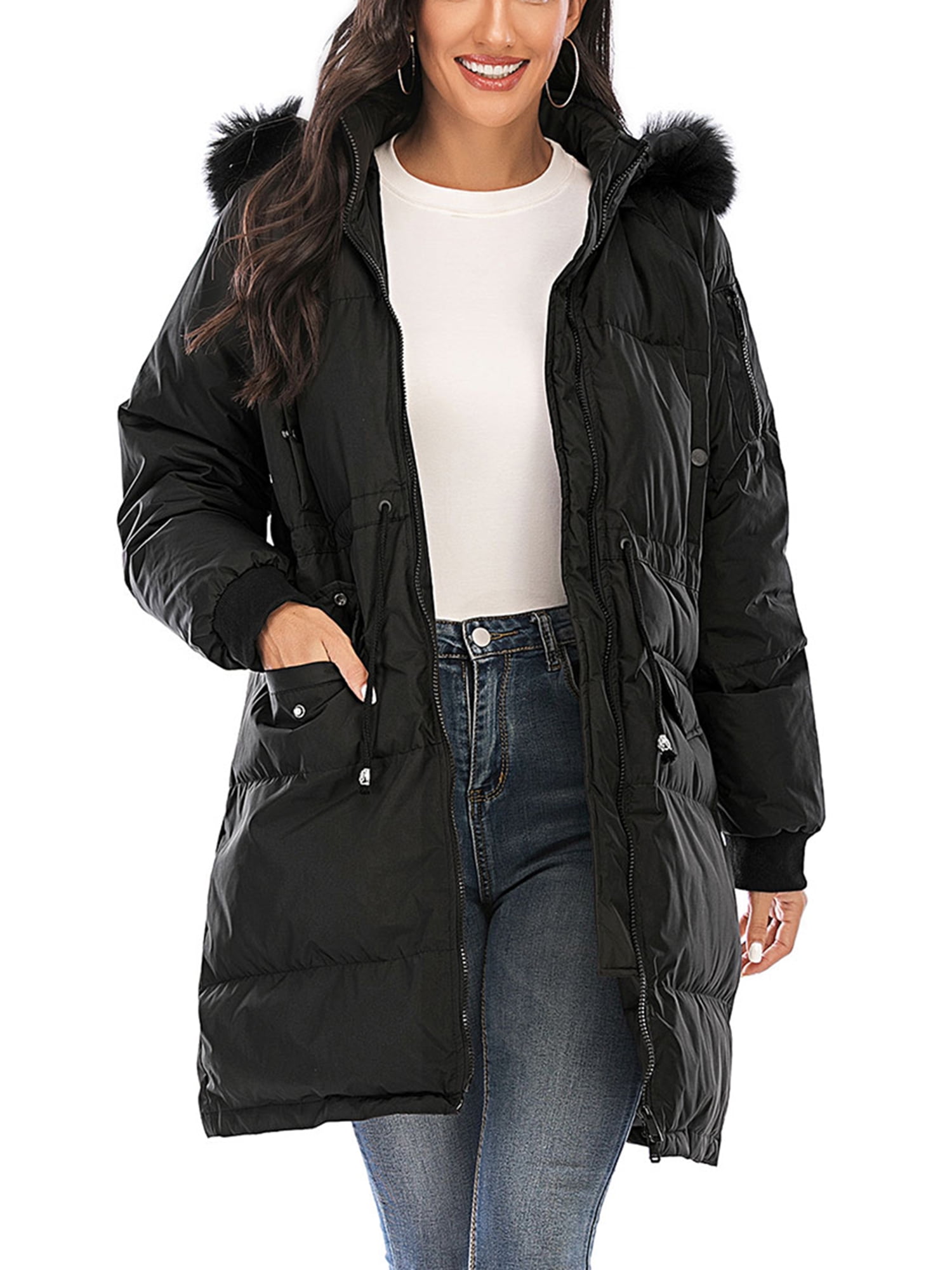 Sayfut Women's Winter Mid Length Hooded Sherpa Lined Parka Jacket Lightweight Drawstring with Hooded Winter Coat, Size: Large, Black