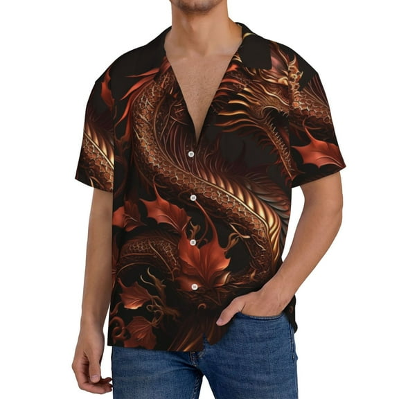 Mens Hawaiian Shirts Casual Short Sleeve Button Down Beach , Golden Chinese Dragon Red Art