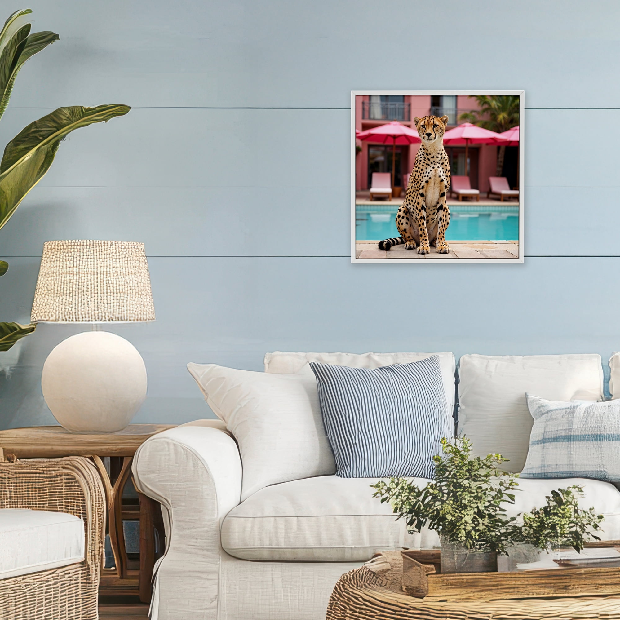 Cheetah Posed at Poolside White Framed Giclee Art, design by Lettered and Lined