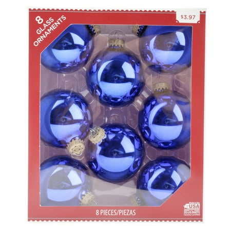 Blue Shiny Glass Ornaments with Gold Top and Hooks, 8 Count