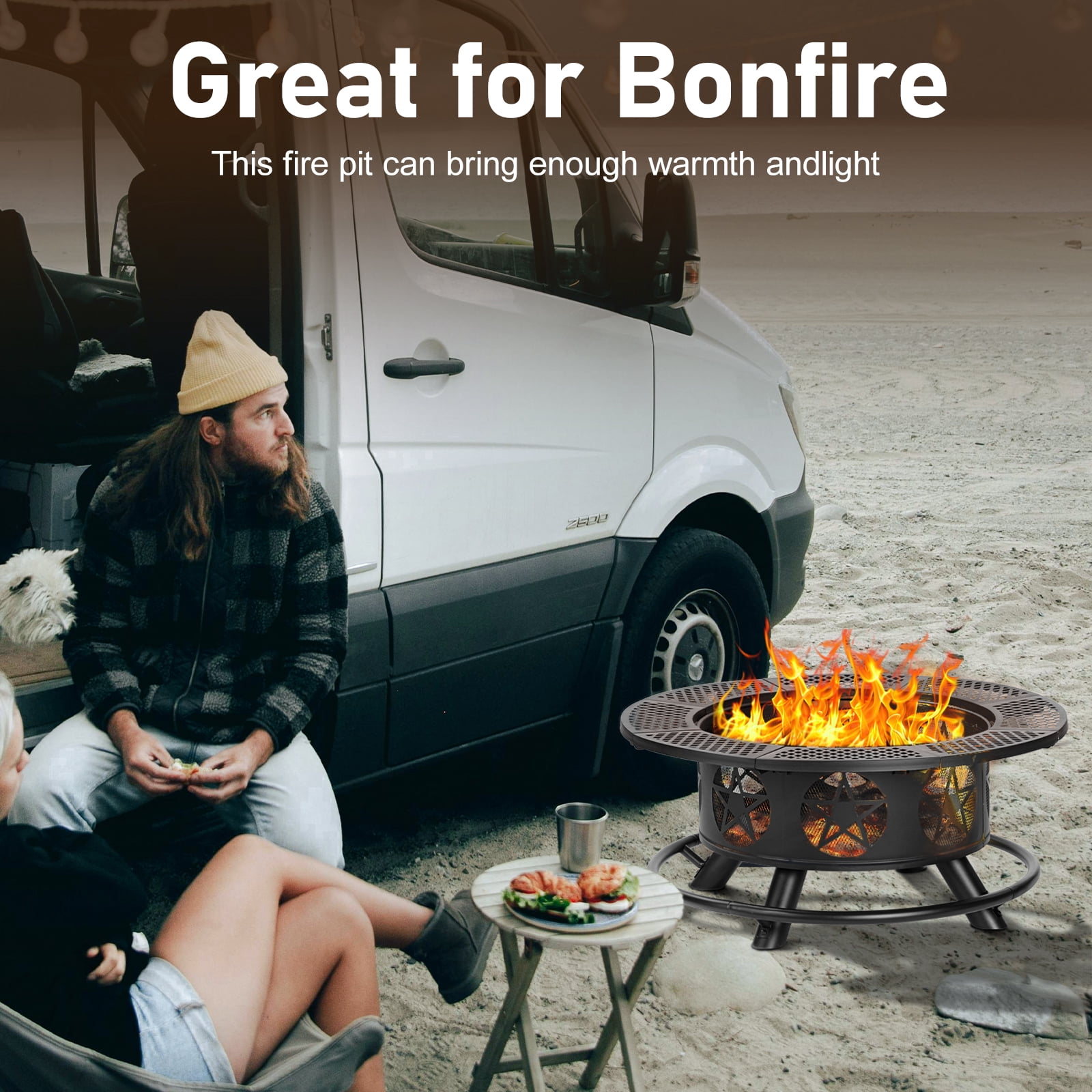 MistMo 36 inch Round Fire Pit with Grills, Wood Burning Fire Pits with Metal Lid for Outside Bonfire Outdoor Patio and Party