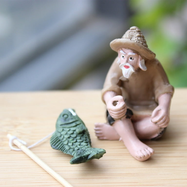 Fishing Old Man Resin Figure Statue Garden Ornament Micro-Landscape Garden  Craft 
