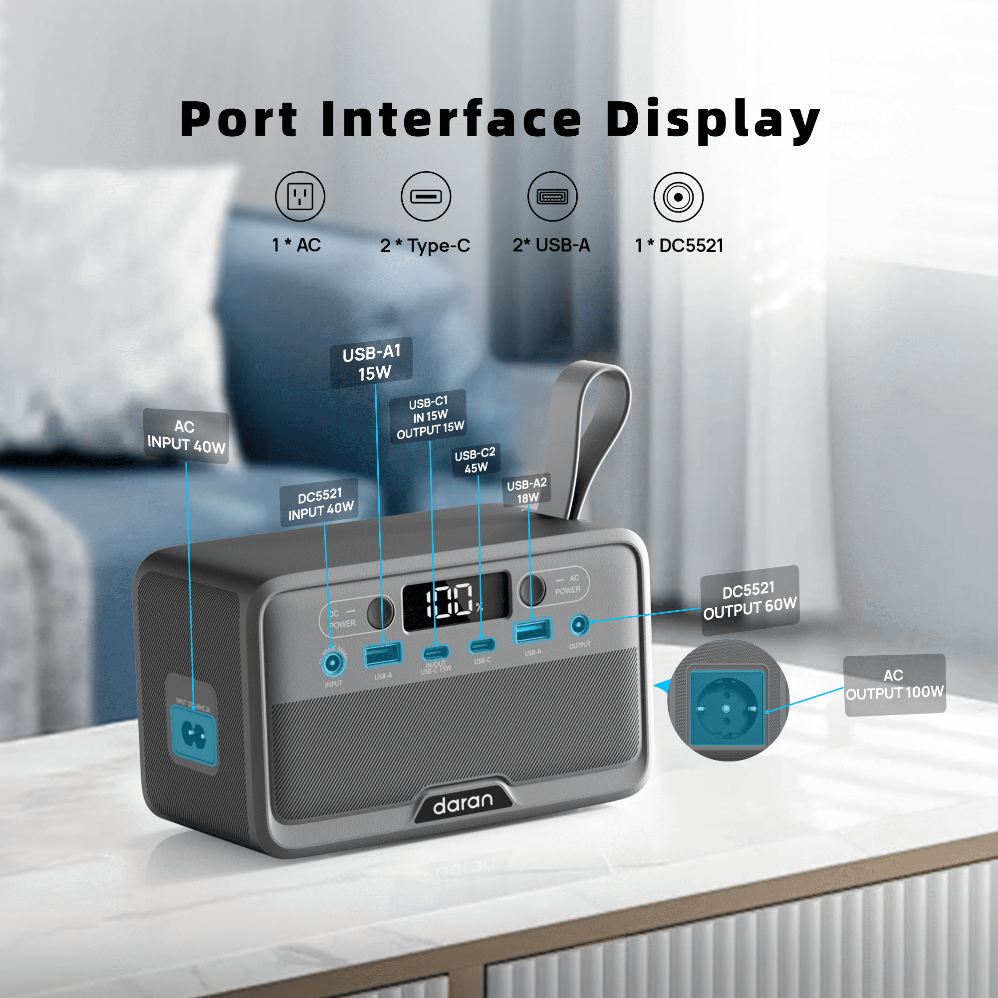 KDJ HOME Portable Power Station 28000mAh LiFePO4 Battery, 100W AC Laptop Power Station, Fast Charging with 4-Port USB & PD