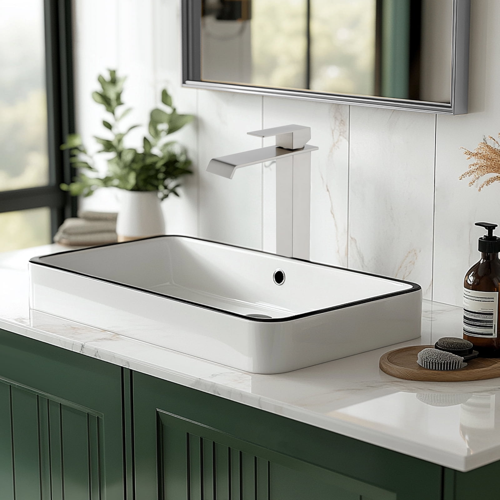 Cobbe Bathroom Vessel Sink Faucet Single-Handle with Waterfall Spout and Pop-Up Drain Single-Hole Installation Brushed Nickel