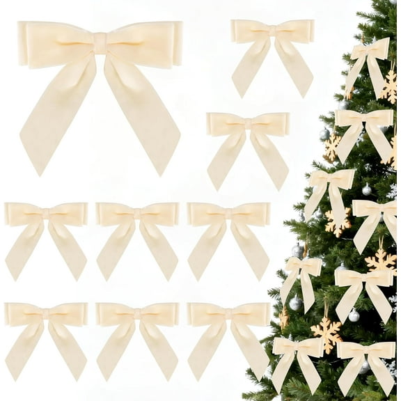 12Pcs 5.9 * 5.9in Velvet Bows for Christmas Tree, Bows with Twist Tie, Bulk Red Velvet Ornaments for Wreath Garland Gift Wrapping, Wedding Champagne Parties Christmas Decorations(Beige)