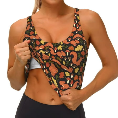 Qokaie Forest Squirrel Pattern Womens Scoop Neck Sports Bra Breathable Workout Vest Padded U Back Medium Impact Fitness Gym Yoga Bra Workout Crop Top