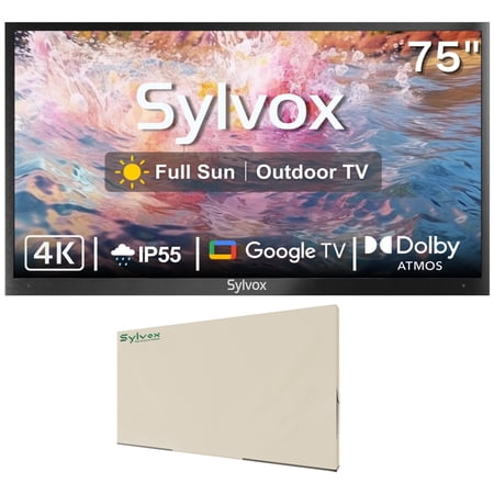 SYLVOX 75" Full Sun Outdoor TV with Cover, 4K UHD Smart Outdoor TV Runs Google OS, IP55 Weatherproof TV with 2000Nits Brightness WiFi Bluetooth GoogleCast Voice Remote (Pool Pro 2.0)
