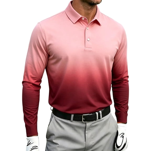 Enjoytime Men Long Sleeve Shirt Gradient Collared Button Golf Tops Lightweight Workout Casual Work Shirts