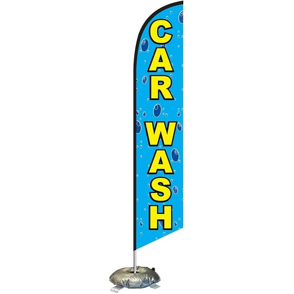 Car Wash Feather Flag Kit with Cross-Base and Weight-Donut, Outdoor Advertising Banner Swooper Flag, Bubbles Theme