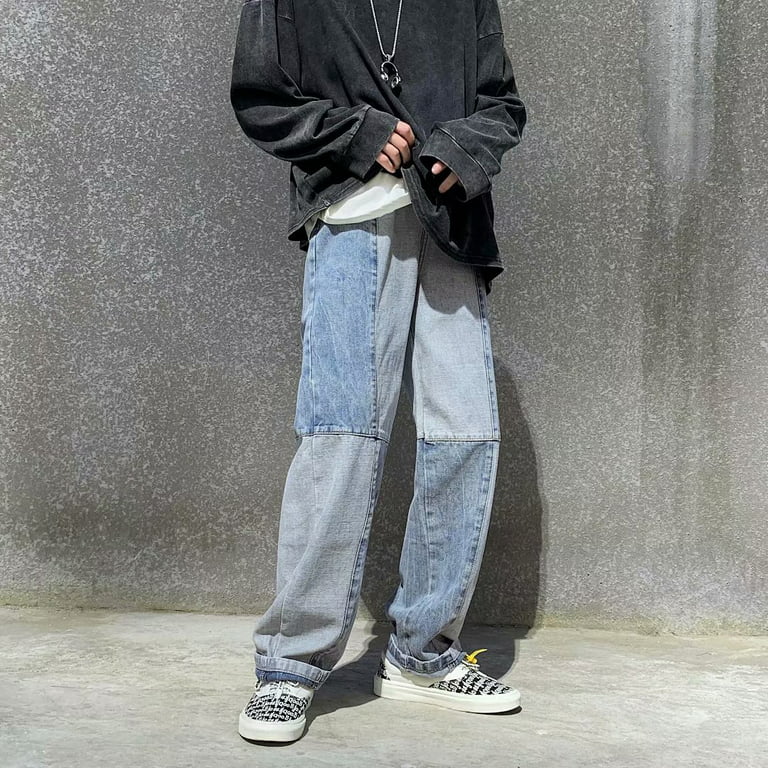 Korean Streetwear Mens Straight Loose Cropped Jeans Blue Denim