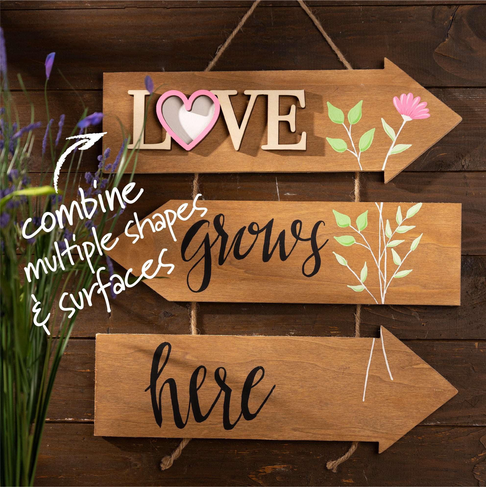 Plaid Unpainted Wood Surface Beige Directional Sign with Rope, Arrow, 15.5" x 14.5"