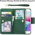 thumbnail image 2 of Case for iPhone SE(5G) 2022 iPhone 7 iPhone 8 iPhone SE 2020, Glossy PU Leather 9 Card Slots Magnetic Closure Detachable Wrist Strap Zipper Wallet Shockproof Removable Back Cover - Dark Green, 2 of 8