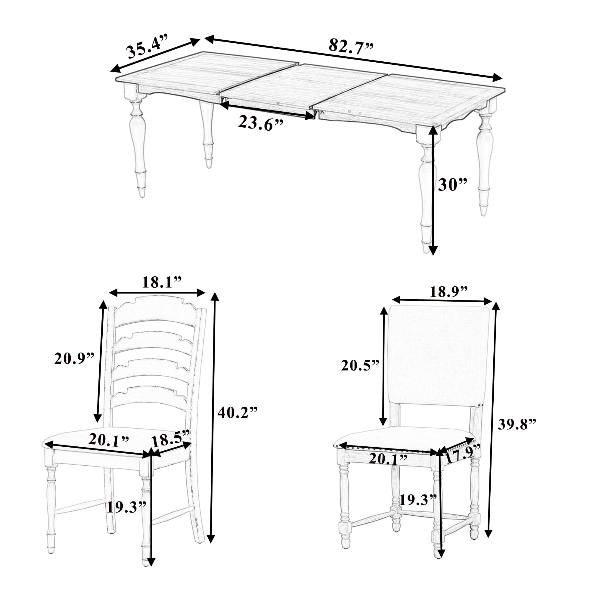 EUROCO 82.7" 7PCS Vintage Extendable Dining Table Set for 6-8,Wood Dining Room Table Set with Removable Leaf,4 Serrated Back Chairs and 2 Upholstered Back Dining Chairs,Rectangular Table Set for 6