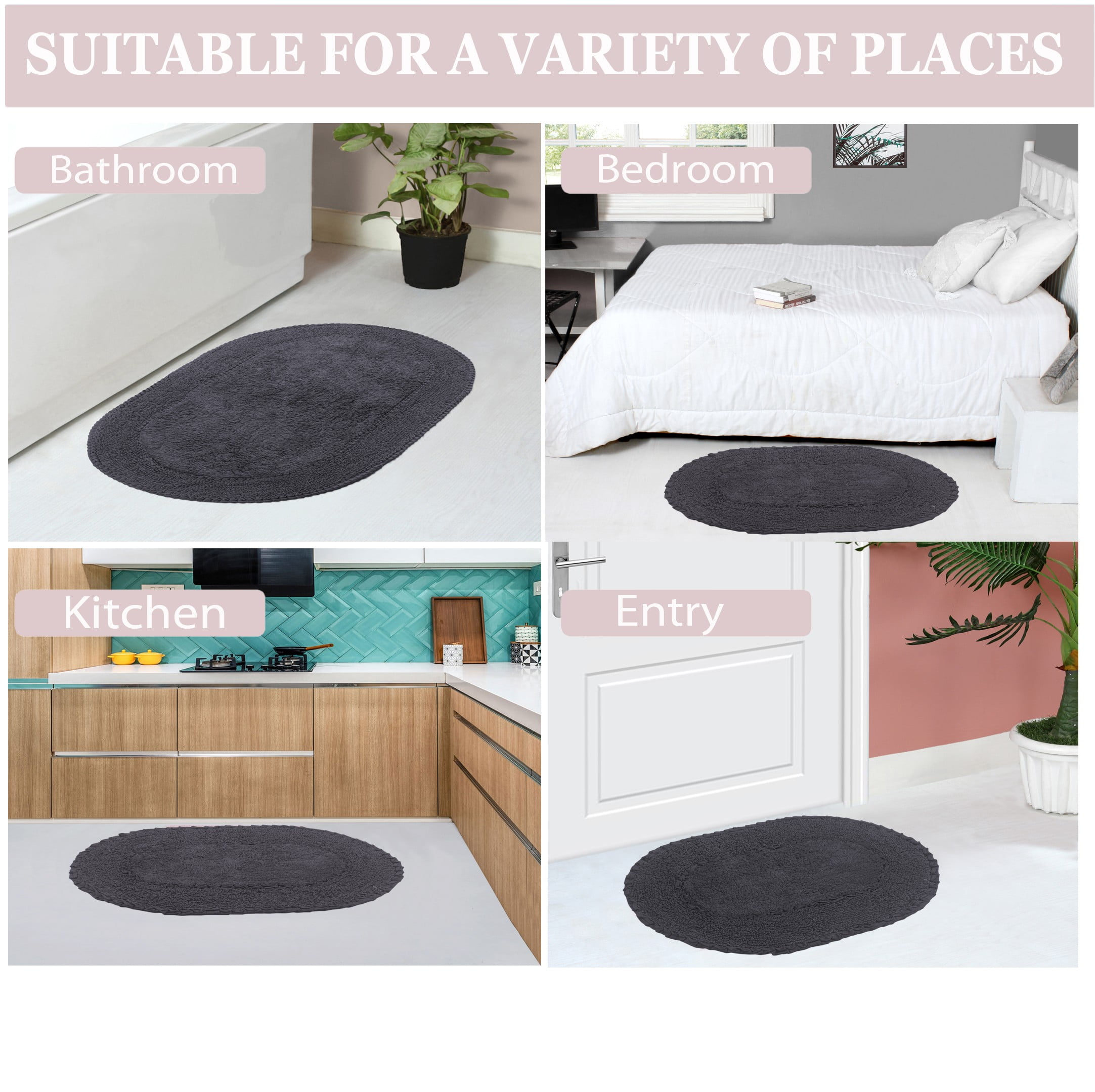 Home Weavers Double Ruffle Collection 100% Cotton Non-Slip Bathroom Rug Set Machine Washable Bathroom Rug-17"x24", Bath Rug- 21"x34", U Shaped Contour- 20"x20", Gray Color 3 Piece Bath Rug set