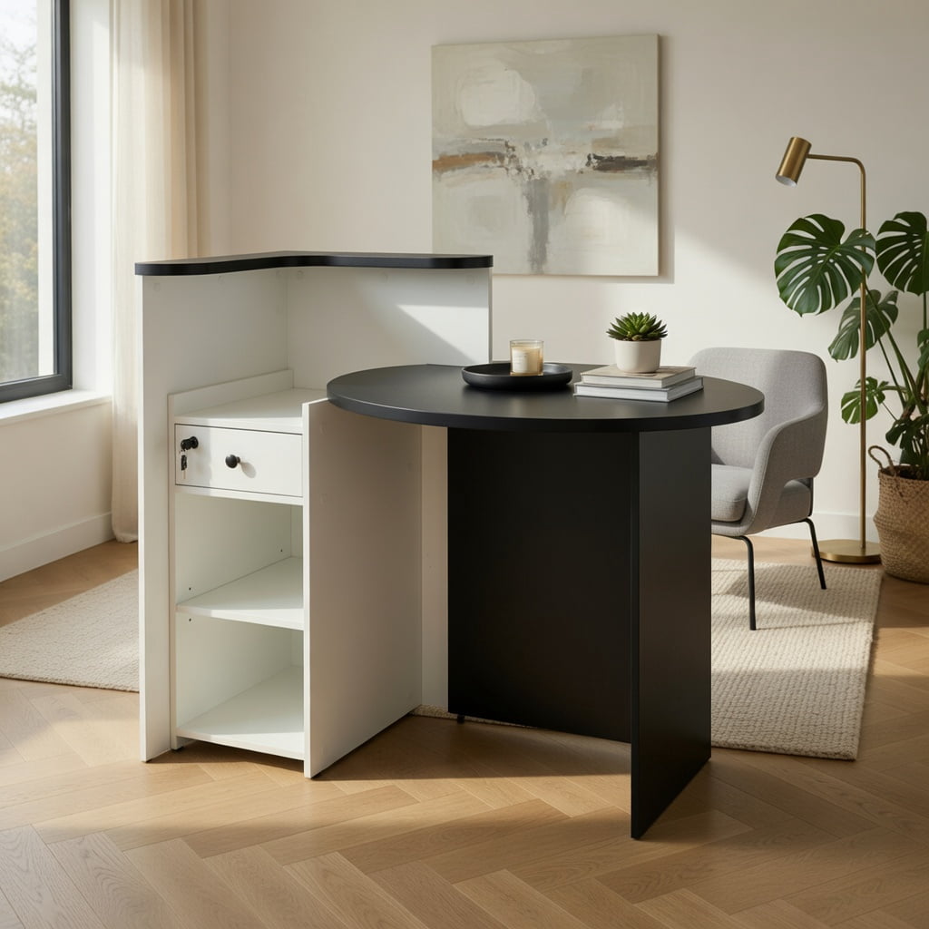 Demi Bonn Front Reception Office Desk with Open Shelf and Lockable Drawer, Small Home Computer Desk Study Writing Table, Black + White